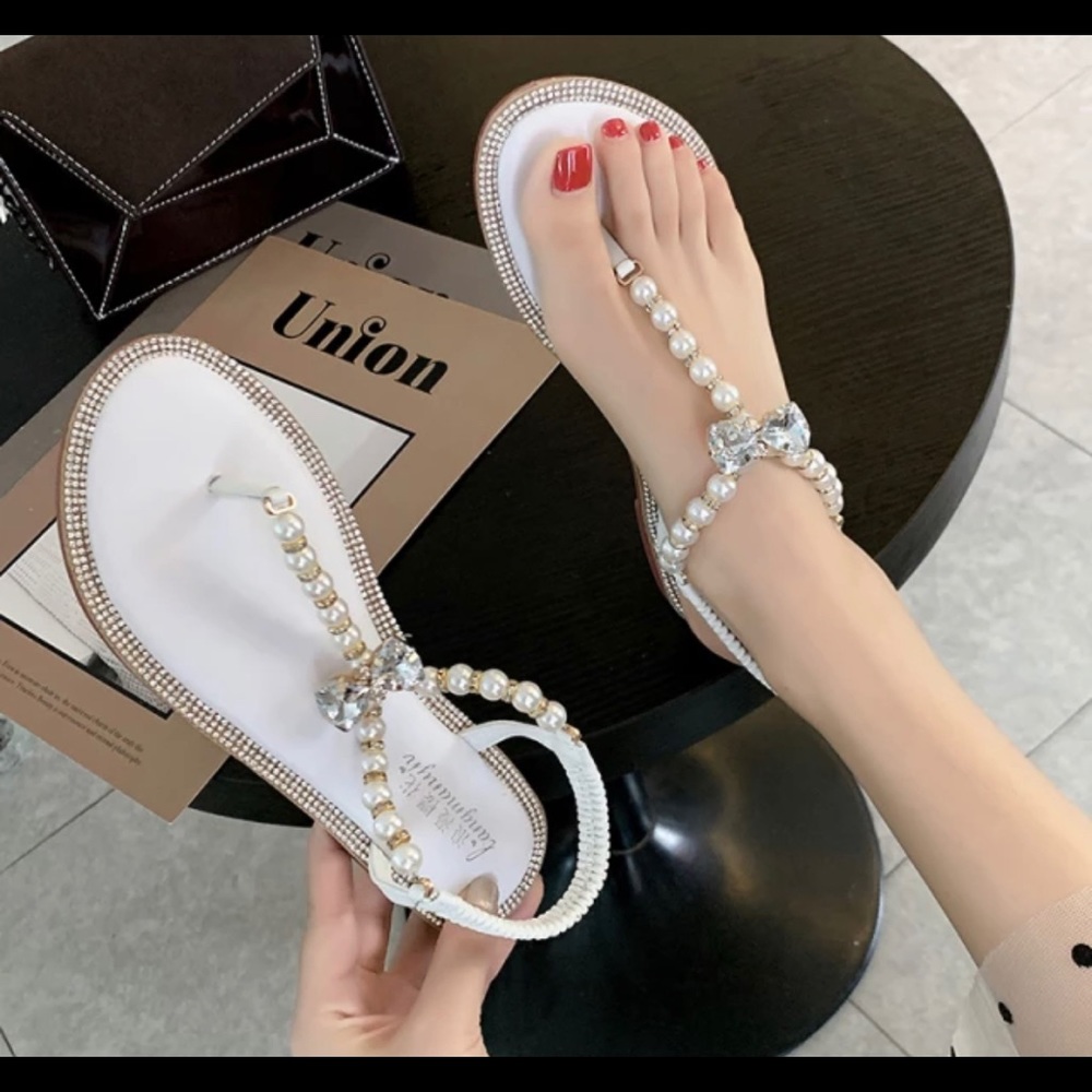 Embellished Flat Pearl Sandals